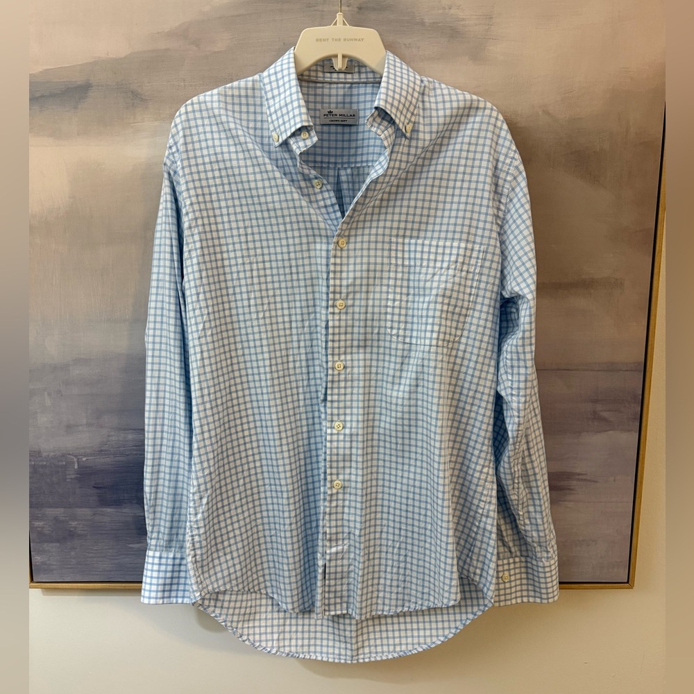 Peter Millar Crown Soft Light Blue Plaid Button Down Cotton and Silk Shirt